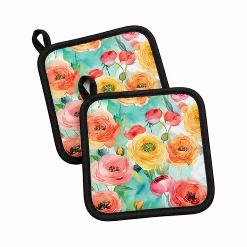Caroline's Treasures Ranunculus in Watercolor Pair of Pot Holders Kitchen Heat Resistant Pot Holders Sets Oven Hot Pads for Cooking Baking BBQ, 7 1/2 x 7 1/2