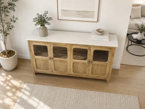 Image of The Attic Crestwood Solid Wood Sideboard Cabinet with Glass Doors | Storage & Display Cabinet for Living Room & Dining Room | Handcrafted Mango Wood, Light Teak Finish