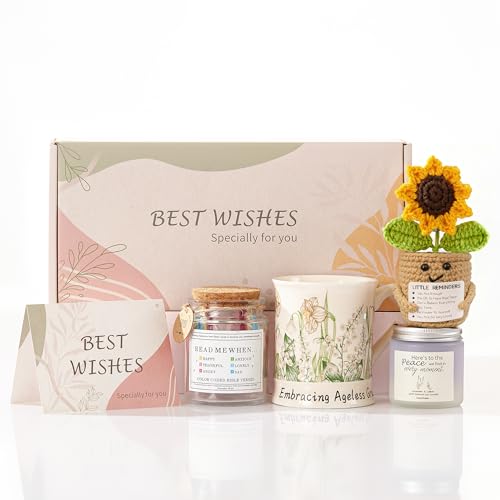 RainVibe Christian Birthday Gift Set for Women - Ceramic Mug, Bible Verse Jar, Scented Candle, Sunflower & Greeting Card - Religious Birthday Gifts for Mom, Friends, Sisters