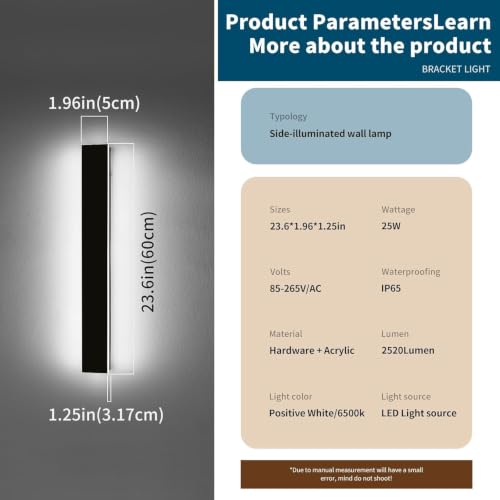 Image of 2 Pack 23.6inch Long Outdoor Led Wall Light, IP65 Waterproof Black Outside Porch Light, 6000K Cold White, 24W, Modern Exterior Wall Sconces Lighting for Garage, Patio, House, Garden