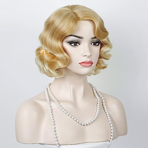 Aicos 1920S Flapper Wavy Wig With Headband Finger Wavy Vintage Wig, Side Parting 1960S Vintage Wig Curl Wavy Wig Cosplay Wig Platinum Wig Vintage Wig For Lady Costume Wig (Dark Dirty Blonde) #TOP4