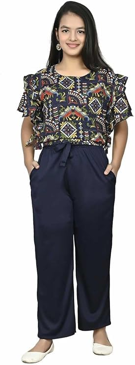 Image of Girls /Kids Printed Floral Designer Top and Palazzo Set Crop Top and Palazzo Set Printed /Fancy Palazzo and top Set for Girls with tie in Waist