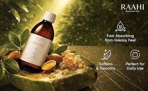 Image of RAAHI Jojoba Oil, Castor Oil and Frankincense Oil Blend for Hair and Skin, 8.45 fl oz / 250 ml, Botanical Moisturizer for Scalp, Face, Body and Hair