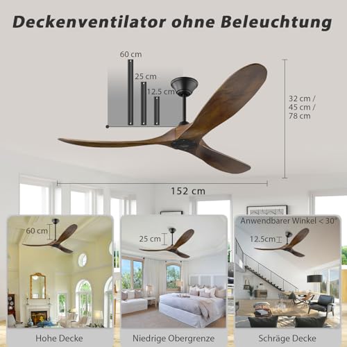 Miniatura 4 de Mshenued Ventilador De Techo De Madera Retro De 132cm 52 Pulgadas, Ventilador De Techo Silencioso De 6 Velocidades Con Control Remoto, Ventilador De Techo De Nogal, Función De Tiempo