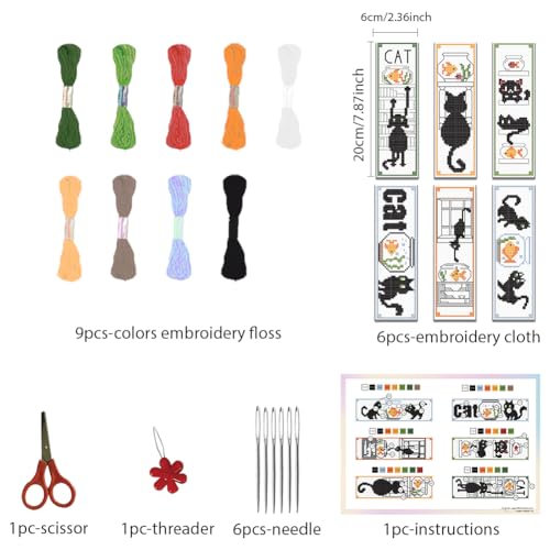 FREEBLOSS 6 Set of Bookmarks Cross Stitch Kits Cartoon Cat Bookmark Cross Stitch Kit with Instructions Embroidery Bookmark Kit for Adults Beginners for Book Lovers Cross Stitch Set 6 x 20 cm - Image 2