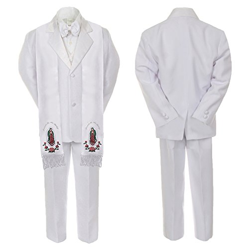 Image of New Born Baby Boy Baptism White Notch Lapel Suit Silver Guadalupe On Stole SM-20