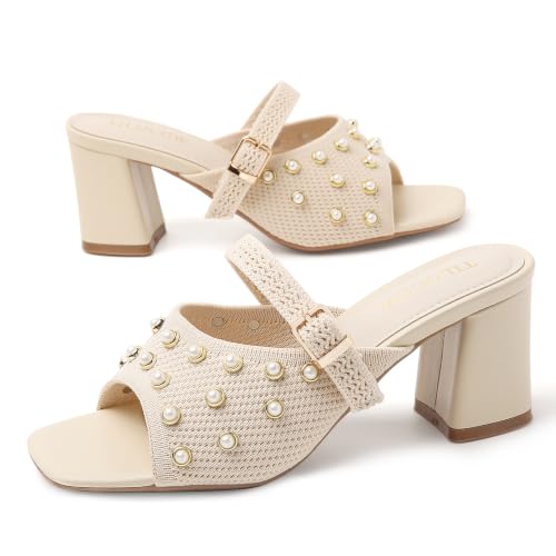 Image of Tilocow Knit Heeled Sandals for Women Square Open Toe Heeled Mules Chunky Block Low Heel Slip On Slides