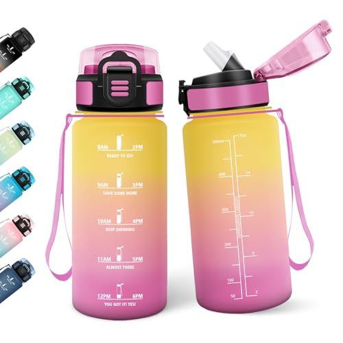 Borraccia, 500ML Con Paglia, Borraccia Bambini, Senza BPA, Borracce con Cannuccia, Bottiglia d'acqua Motivazionale con Indicatore del Tempo, Bottiglia Acqua per Scuola, Sport, Yoga - Giallo&rosa