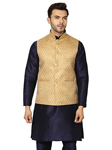 Image of Uri and MacKenzie Men's Silk Blend Regular Kurta Churidar Pyjama with Bundi Nehru Jacket /Waistcoat