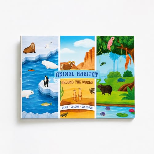 Image of Animal Habitat 500+ Kids Sticker & Coloring Activity Book, 12 Animal Scenes & 12 Coloring Pages, Stick Match Colour & Discover, A5 Landscape Travel Activity Book for Ages 2-8 Years