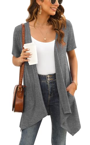 Image of Veryoung Floral Short Sleeve Cardigans for Women Casual Drape Open Front Lightweight Summer Cardigan with Pocket High Low Hem