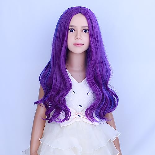 Image of PATTNIUM Blue Purple Wig Kids Wig Long Wavy Wig Child Size Heat Resistant Synthetic Hair Wigs Girls Cosplay Costume Wigs (Blue Purple)