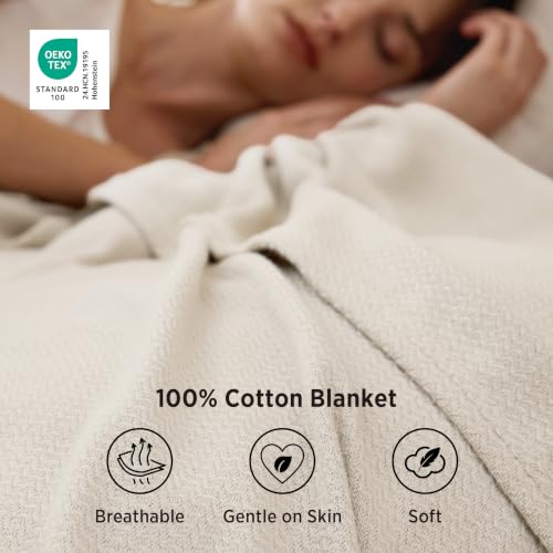 Image of Bedsure 100% Cotton Blanket, Herringbone Weave, Queen Size, Linen Beige