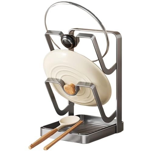 Générique Lid Rack | 9.06In Stainless Steel Multifunctional Pot Lid Holder with Drip Tray Spoon Rest Kitchen Organizer | Cooking Stove Counter Cabinet Tabletop Cookware Utensil