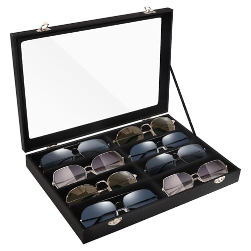 Yabound Sunglasses Storage, 8 Slots Sunglass Glasses Display Case Holder with Cover, Sunglasses Organizer, Eyeglasses Storage Box, Eyewear Display Tray for Protect Glasses