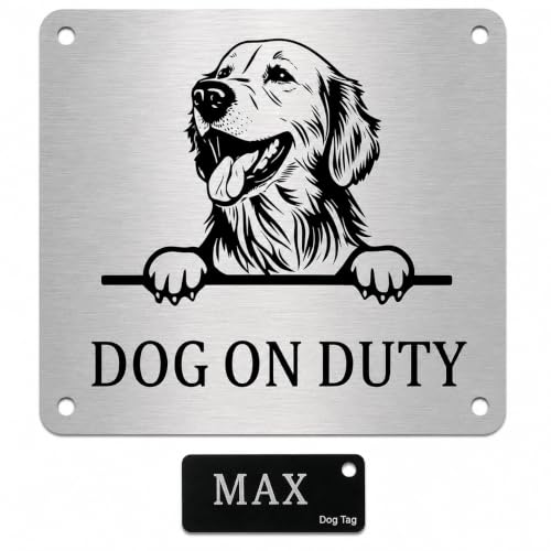 Image of Beware of Dog ZOUPLE Sign, Golden Retriever, 6 inchx6 inch, Dual Mount, JSL Brand Steel, Laser Print