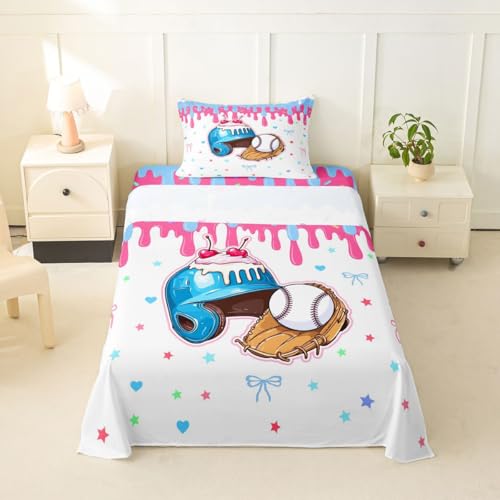 Image of Castle Fairy Baseball Cap Bed Sheets Twin Size,Ice Cream Cherry Dessert Easy Wash Bedding Set,Game Sports Graffiti Kids Room Decor,Bule Sheet(Fitted+Flat+1 Pillowcase)