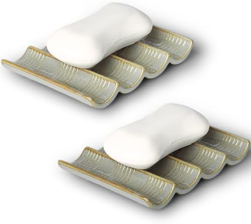 Ceramic Soap Dish Set of 2, Fluted Soap Holder (Vintage Grey)
