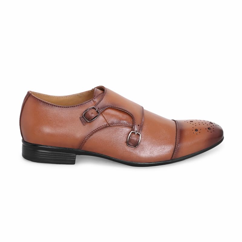 Image of MATR Strap Me Down Men's Tan Leather Double Monk Strap Shoes ? Brogue Toe Formal Footwear
