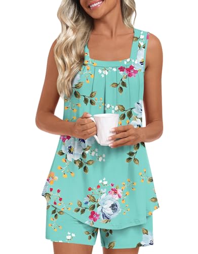 Image of LONGYUAN Womens Sleeveless Pajama Set Soft Summer Lounge Shorts Tank Top Sleepwear with Pockets 2 Piece Set M-3XL