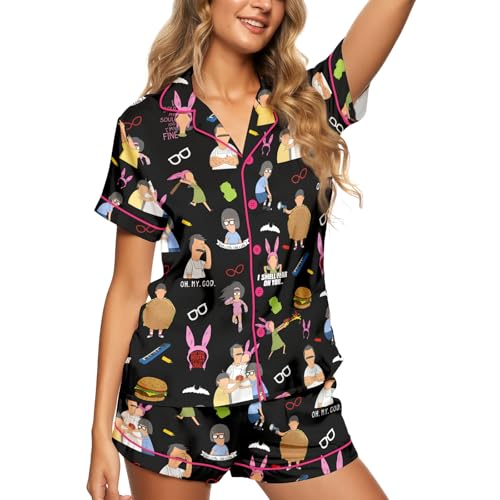 Image of Women 2 Pcs Short Satin Pajama Set Printed Silky Soft Loungewear