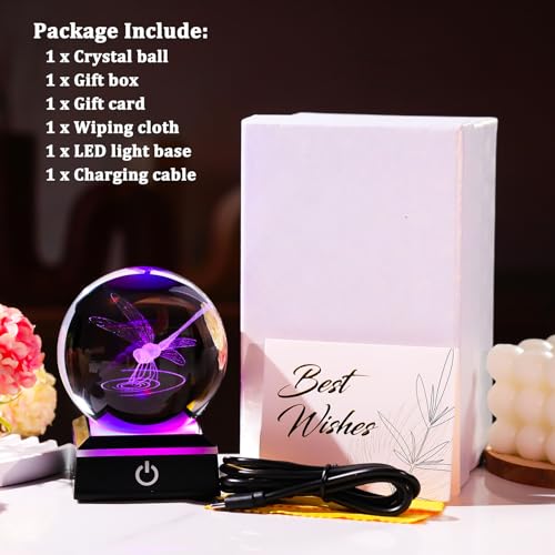 Image of Arikyrist 3D Dragonfly Crystal Ball Figurine with LED Base, Dragonfly Gifts for Men Women on Christmas Birthday, Glass Statue Glass Animals Insect Sphere Decorative Ball for Home Decor (80mm)