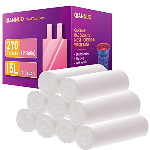 QIANNUO Trash Bags 270 Counts 4 Gallon Handle Garbage Can liners for Bathroom, Bedroom, Office, Car, Home Waste Bin Bags