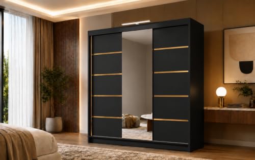 Image of ELUKS Flavio Sliding Door Wardrobe with Mirror & LED Black Colour 200cm Width for Bedroom