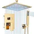 Polished Gold Shower System 12 Inch LED Square Rainfall Shower Head Ceiling Mount Shower Faucet Set with Hand Sprayer Rough-in Valve Trim Kit Bathroom Mixer Shower Combo Set