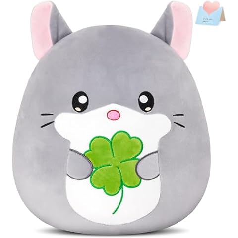CozyWorld 13-Inch Chinchilla Plush Pillow with Four-Leaf Clover, Ultrasoft Grey Chinchilla Stuffed Animal Toy Hugging Throw Toy Gifts for Bedding, Kids Sleeping Kawaii Pillow Cover