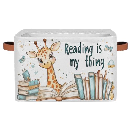 PATTERNFUL Rectangle Storage Basket with Leather Handle - Animal Reading Books Collapsible Nursery Hamper Cute Toy Box Shelf Baskets - Clothes Storages Cube Bins Organizer Room Decor(Giraffe)