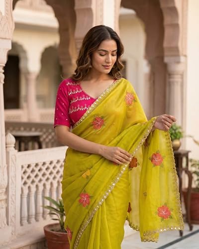 Image of Handcrafted Floral Embroidered Saree with Contrast Blouse