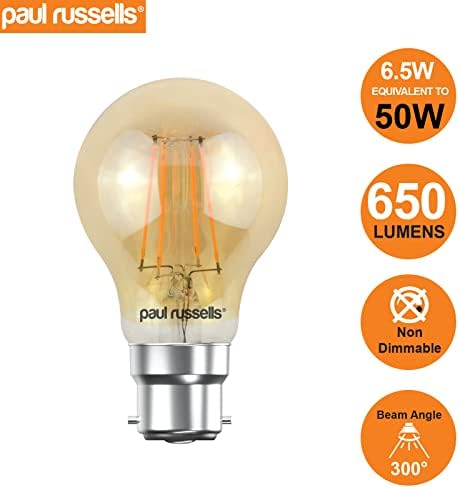 paul russells LED Filament GLS Light Bulbs Bayonet Fitting Cap B22, 50w Equivalent A60 GLS Standard 6.5W 650LM LED Globe 2200K Amber Bulb Celling Energy Saving Lamp Pack of 2