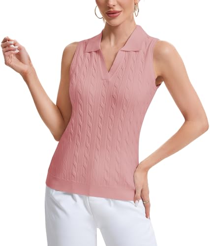 Soneven Womens Sweater Vest Sleeveless Golf Shirts Cable Knit Polo Sweater Tops Slim Fit Casual Vest Pink