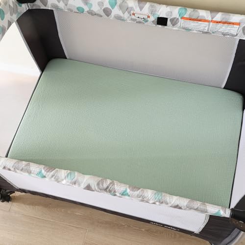 Image of david's kids Muslin Mini Crib Sheets, 2 Pack Cotton Pack N Play Sheets for Boys Girls Neutral, Soft Breathable Baby Sheets Fit Pack N Play, Playard and Mini Crib Mattresses, Oat Milk & Sage Green