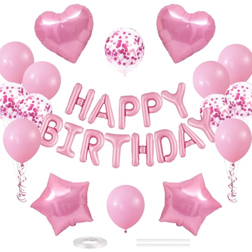 CANREVEL Happy Birthday Banner Decoration + 30pcs Star Balloons, Pink