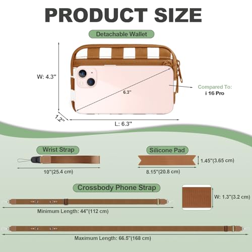 Image of YFWE Clip and Go Strap for Phone with Wallet Crossbody, Adjustable Phone Lanyard with Detachable RFID Wristlet Wallet, Phone Strap with Phone Tabs for All Phones, Bronze Checkered (M)