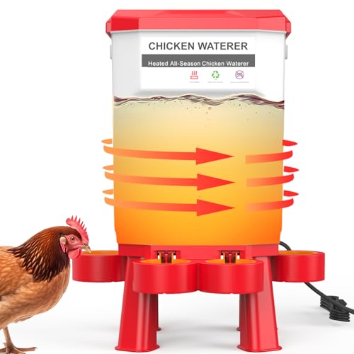 Hanging Heated Chicken Waterer 3 Gallon Plastic Chicken Water Heater Heated Poultry Drinker Detachable Legs Winter and Summer Dual-use Poultry Water Heater for Chicken Goose Duck - Red
