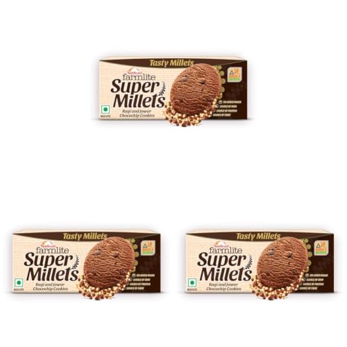Image of sunfeast Farmlite Super Millets Ragi and Jowar Chocochip Cookies, Delightfully Tasty & Crunchy, Made with No Added Maida, Millet Biscuits, 75g (Pack of 3)