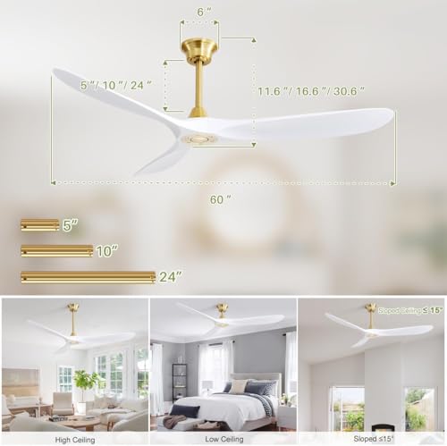 Image of CACI Mall 60 inch Ceiling Fan No Light, White Smart Ceiling Fan with Remote Control, Modern, without Light, Quiet Reversible DC Motor for Outdoor, Living Room, Bedroom, Patio, Porch