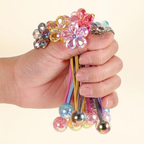 Kifmurase 12 Pcs Ball Charm Hair Ties for Little Girls, Colored Camellia Rubber Band Bubble Hairband with Ball Beads, Flower-Shaped with Hair Beads Bauble Ponytail Holders for Toddler Girls