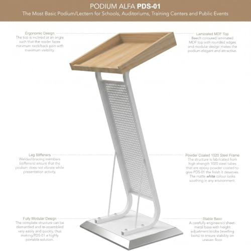 Image of TEKAVO Merito Podium Lectern for Classroom, Auditorium, Office, Church & School | Sleek & Modern Lecture Stand | Ideal for Presentations, Speeches & Events,Mic /Portable Office Conference,White Metal.