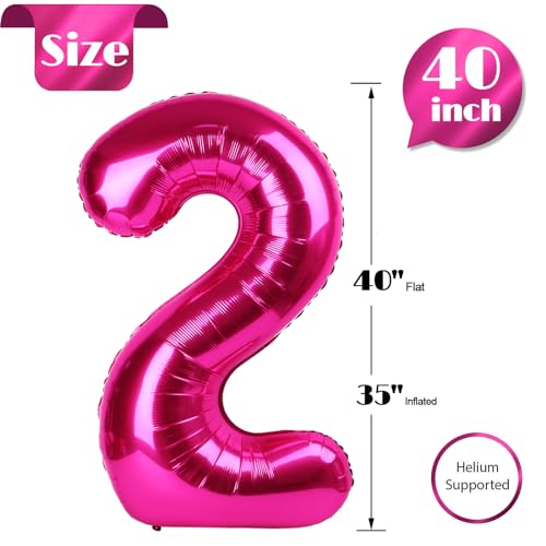 Image of Hot Pink Number 2 Balloon 40 Inch, 2nd Birthday Decoration, Sparkling 2 Number Balloon Party Decor