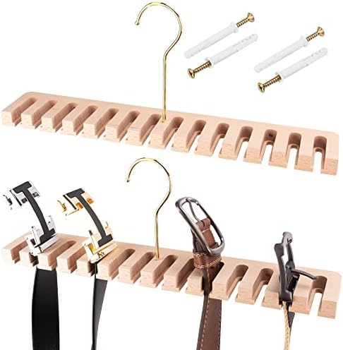 Belt Hanger for Closet, 2 in 1 Wooden Wall Mount Belt Holder for 28 Belts, Tie and Belt Rack Space Saving with 360° Swivel Hook/Anchors with Screws, Belt Organizer for Closet, Door, Wall, 2 Pack