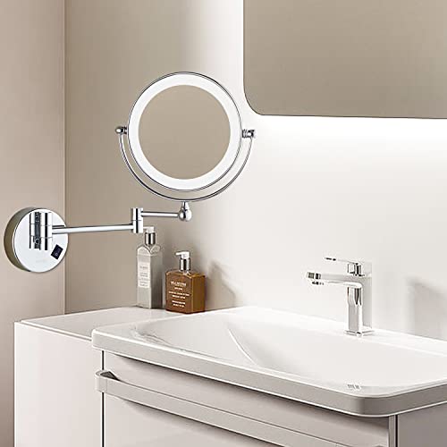 Dowry 8 Inch Wall Mounted Vanity Makeup Mirror With Led Lighted,Two-Sided 10X Magnification Mirror For Bathroom/Bedroom/Hotel,Chrome Finish #TOP6
