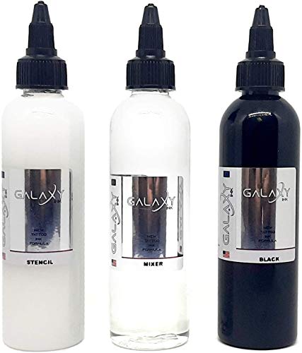 GALAXY INK - Tattoo Inkt - Kit BLACK 4oz + STENCIL 4oz + MIXER 4oz - De beste kleuren en zwarttinten - Vegan