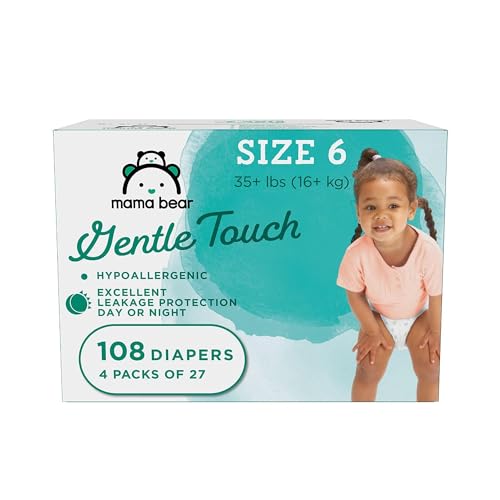 Image of Amazon Brand - Mama Bear Gentle Touch Diapers, Hypoallergenic, Size 6, White, 108 Count (4 packs of 27)