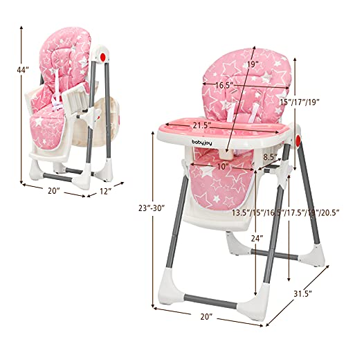 Baby Joy Folding High Chair For Babies & Toddlers, Infant Dining Chair W/Removable Dishwasher Safe Tray, 5-Point Safety Belt, Wheels, Detachable Cushion, Adjustable Backrest Footrest & Height (Pink) #TOP6