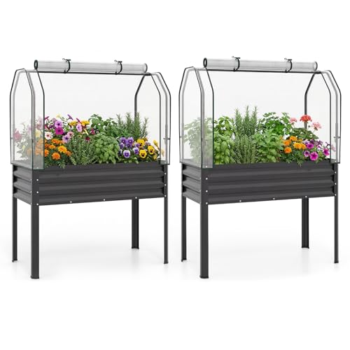 Giantex Raised Garden Bed with Legs & Greenhouse Cover, 44x22x60 Elevated Metal Planter Box with...