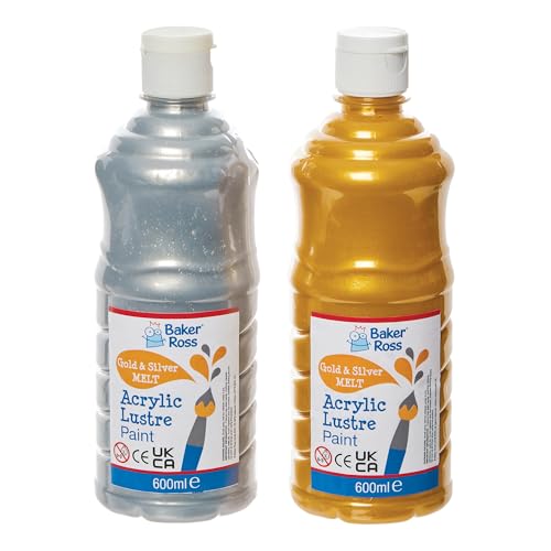 Baker Ross FN245 Gold and Silver Melt Acrylic Lustre Paints 600ml - Box of 2, Metallic Paints for Arts and Crafts